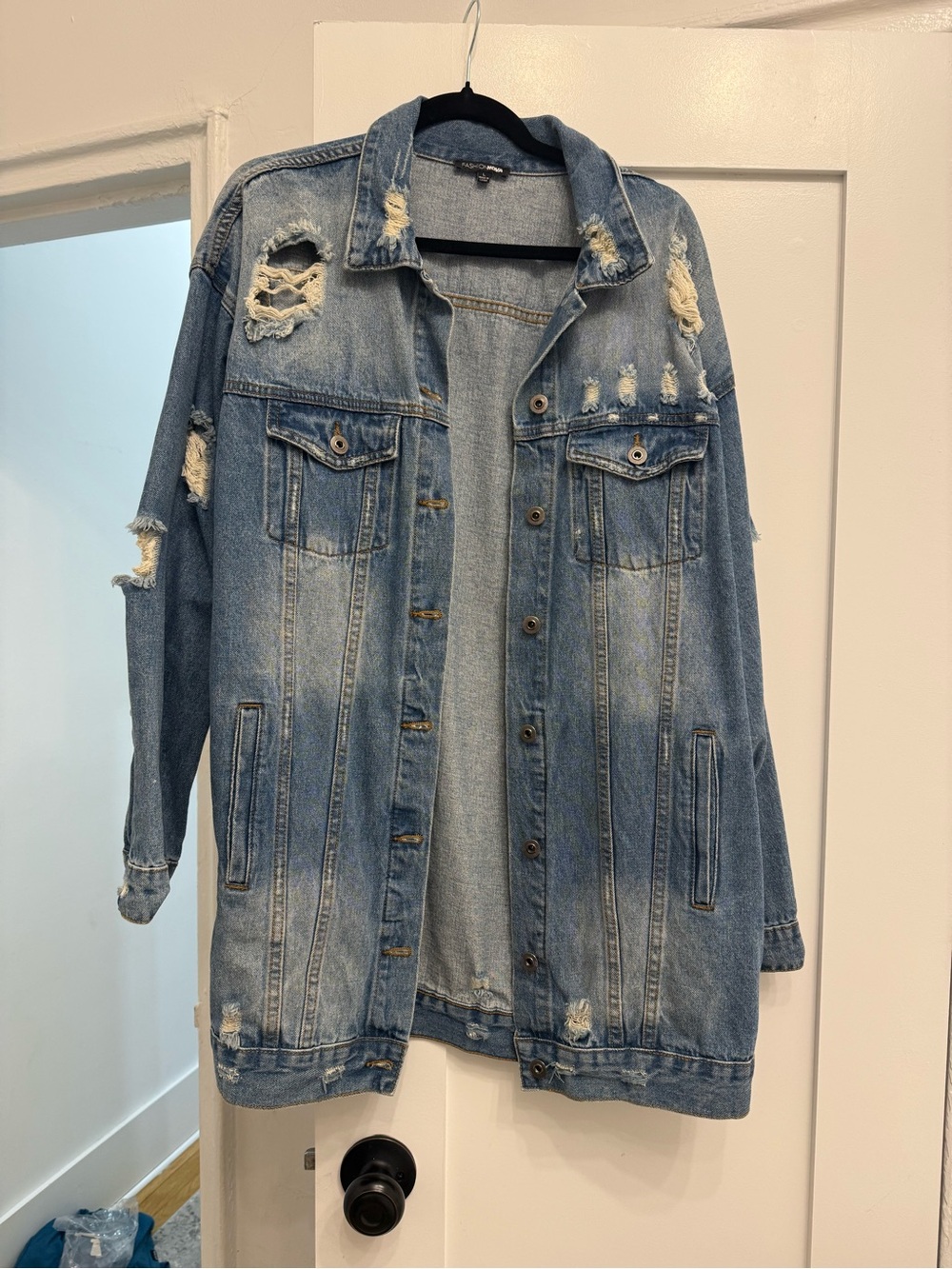 Oversized Distressed Light Blue Denim Jacket - Women